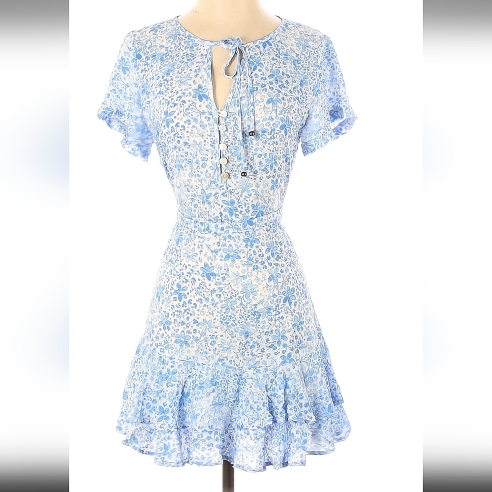 Skylar + Madison preppy blue white floral swiss dot ruffle mini tunic dress